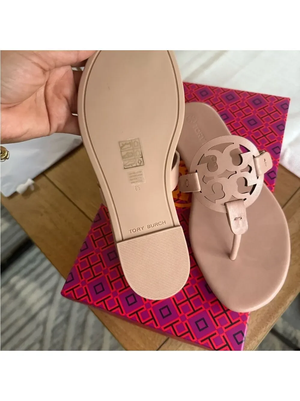 New Tory Burch miller soft calf leather sandals in light sand / makeup colo